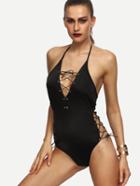 Shein Black Halter Eyelet Lace Up One Piece Swimwear