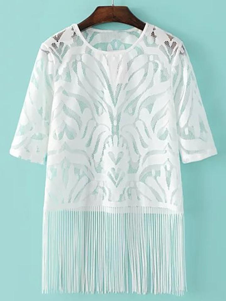 Shein Fringe Hem Sheer Lace Top