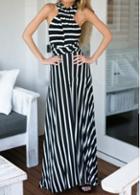 Rosewe Backless Stripe Print High Waist Maxi Dress