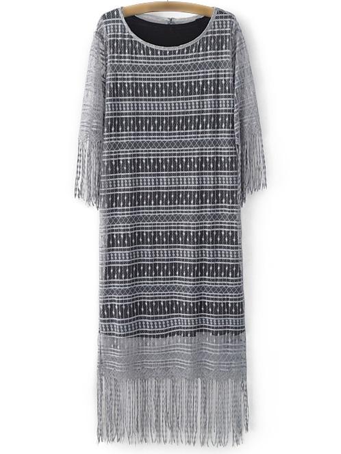Shein Grey Fringe Hem Lace Midi Dress With Long Tank