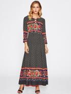 Shein Lace Up Front Mixed Print Dress