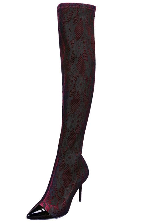 Shein Red Lace Knee High Heel Boots