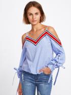 Shein Striped Tape Detail Tied Cuff Gingham Top