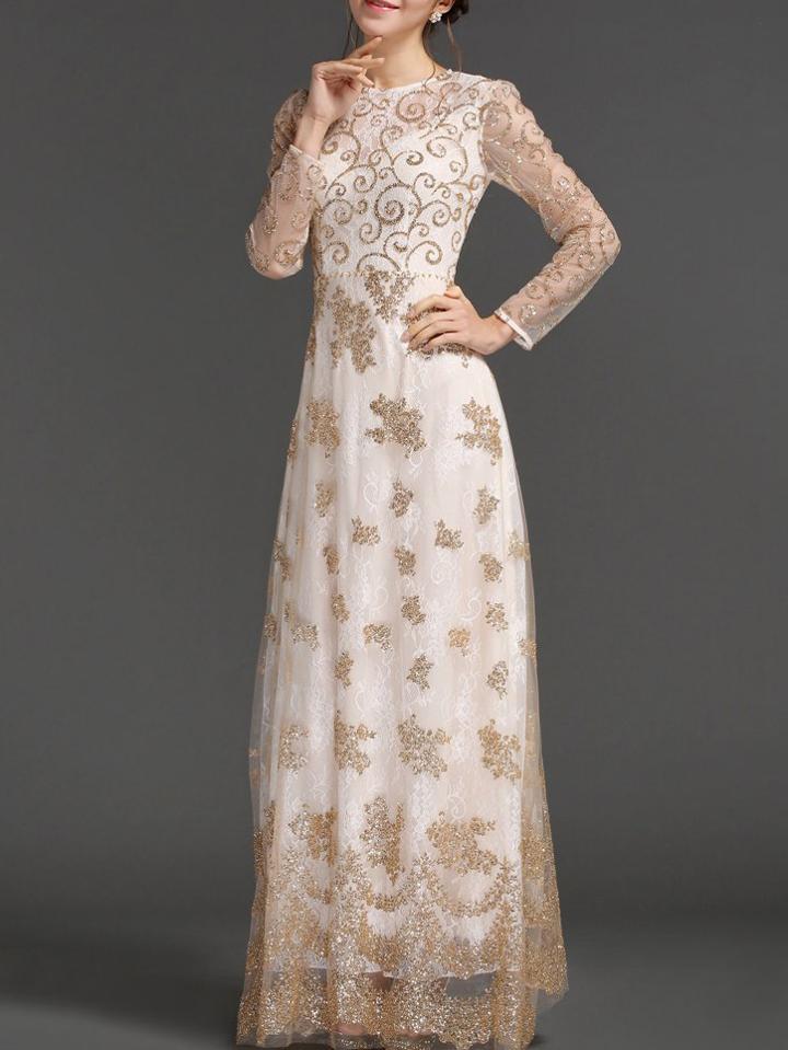 Shein Nude Sequined Maxi Gauze Lace Dress