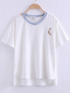 Shein White V Neck High Low Duck Embroidery T-shirt