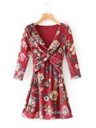 Shein Floral Print Twist Velvet Dress