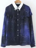 Shein Blue Galaxy Print Ruffle Blouse