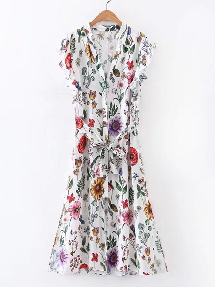 Shein Floral Print Tie Waist Shirt Dress