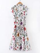 Shein Floral Print Tie Waist Shirt Dress