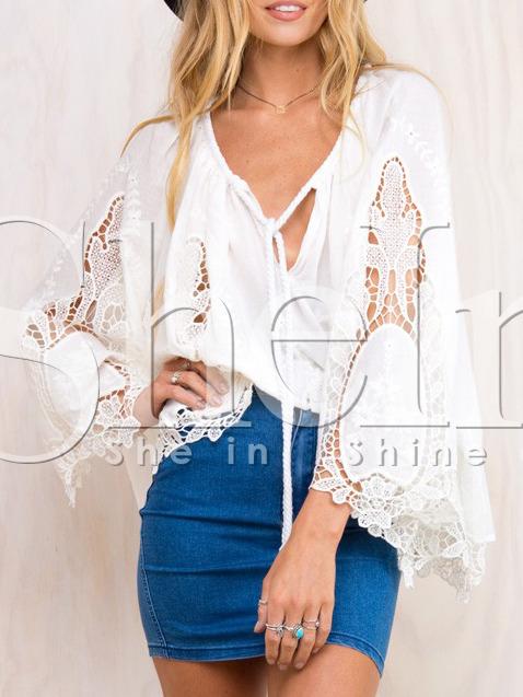 Shein White Bell Sleeve Lace Blouse