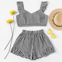 Shein Ruffle Hem Gingham Crop Top With Shorts Set