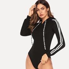 Shein Stripe Contrast Raglan Sleeve Hooded Bodysuit