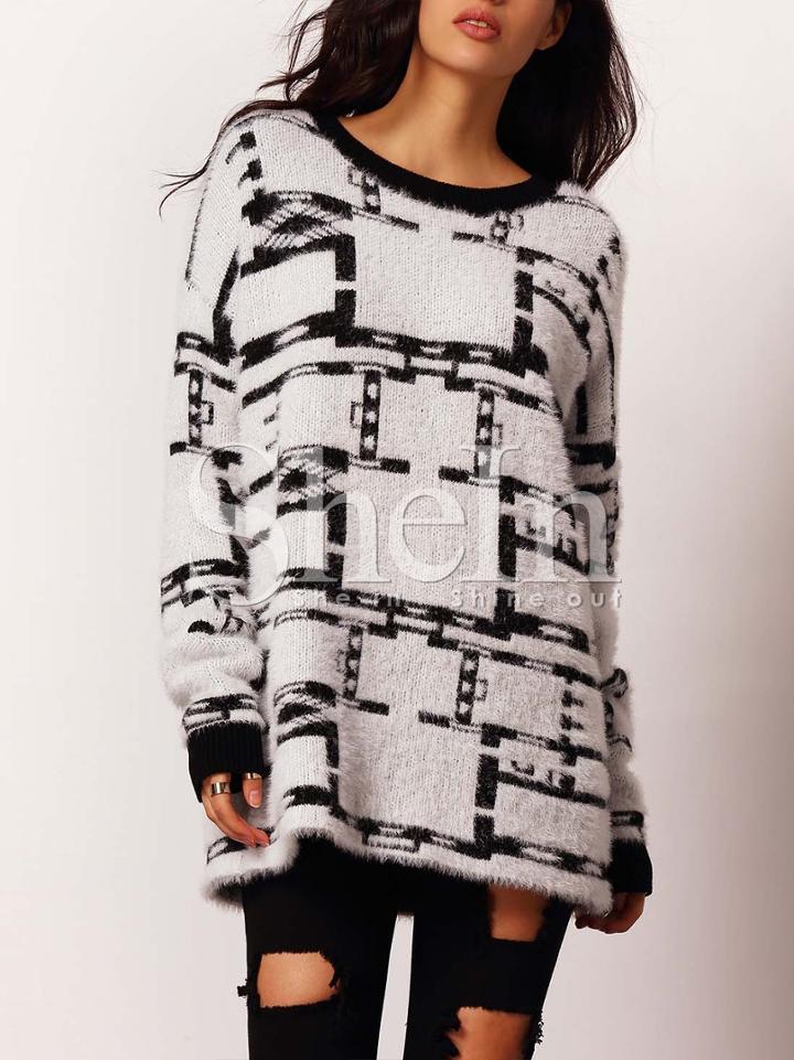 Shein Multicolor Crew Neck Geometric Pattern Fuzzy Sweater