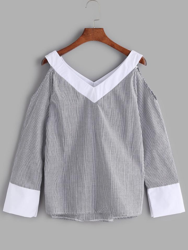 Shein Contrast Trim Open Shoulder Vertical Striped Blouse
