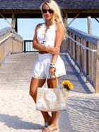Shein White Halter V Neck Top With Floral Crochet Shorts