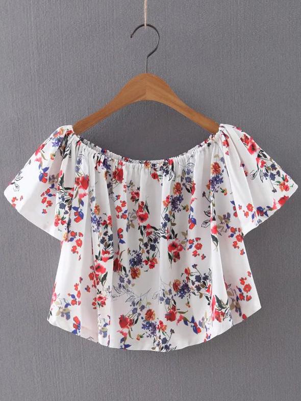 Shein White Off The Shoulder Floral Blouse