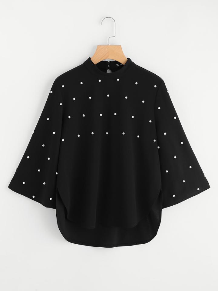 Shein Pearl Beaded Curved Dip Hem Top