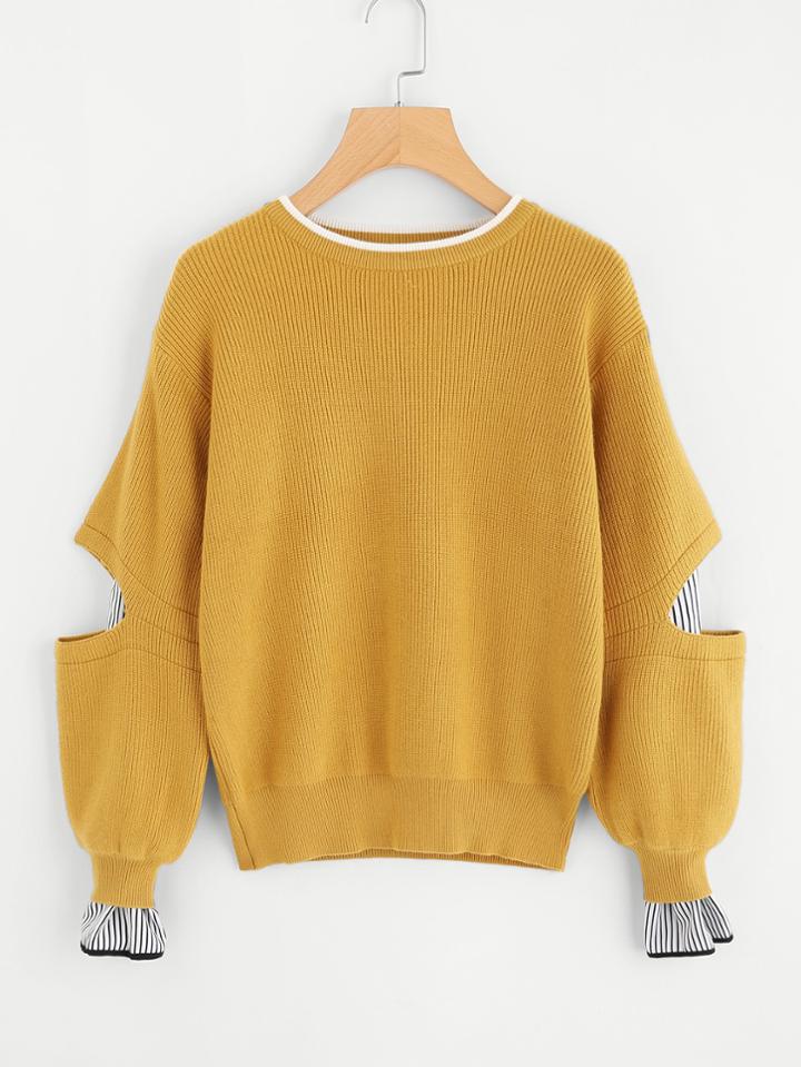 Shein Bishop Sleeve Striped Insert Elbow And Cuff Jumper