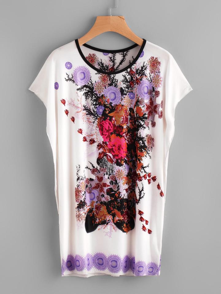 Shein Dolman Sleeve Florals Longline Tee