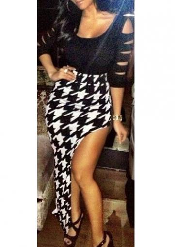 Rosewe Houndtooth Print Pierced Sleeve Asymmetric Dress