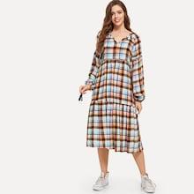 Shein Tassel Tie Neck Embroidered Plaid Dress