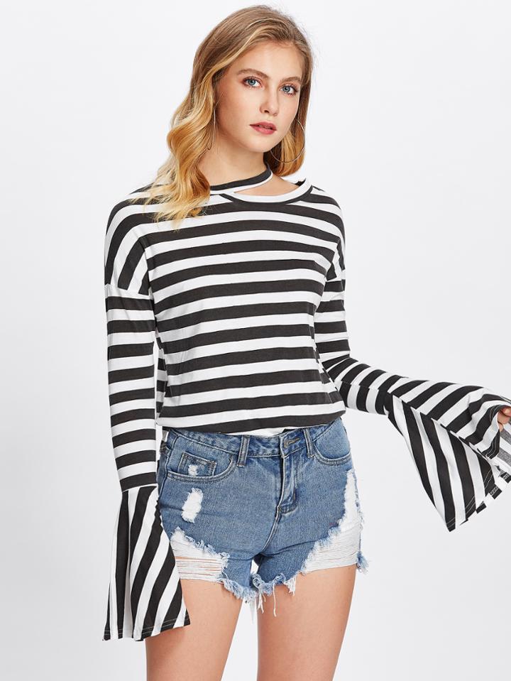 Shein Cutout Neck Bell Sleeve Striped Tee