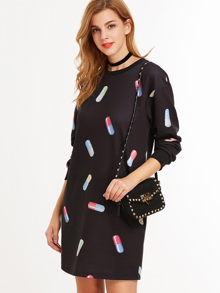 Shein Black Capsule Print Long Sleeve Sweatshirt Dress