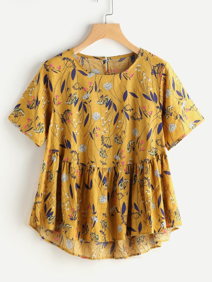 Shein Allover Calico Print Keyhole Back Smock Blouse