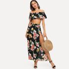 Shein Off Shoulder Floral Print Crop Top & Split Skirt Set