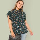 Shein Plus Botanical Print Tied Neck Ruffle Trim Blouse