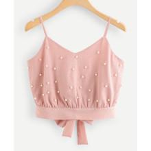 Shein Pearl Beaded Split Tie Back Crop Cami Top