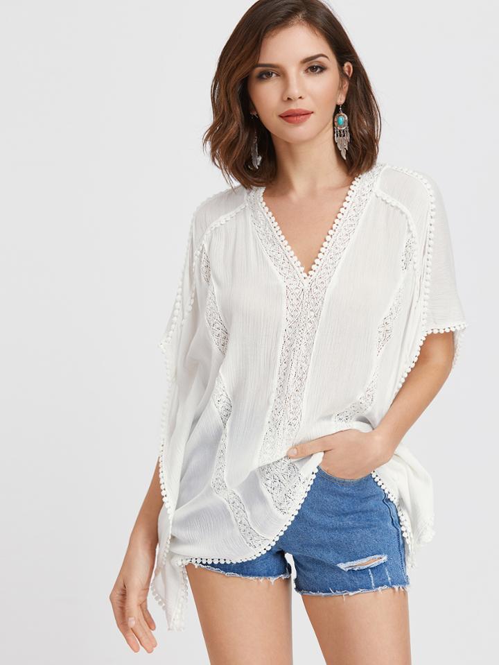 Shein White Crochet Detail Double V Neck Loose Top