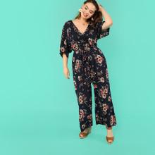 Shein Plus Surplice Neck Flower Print Jumpsuit