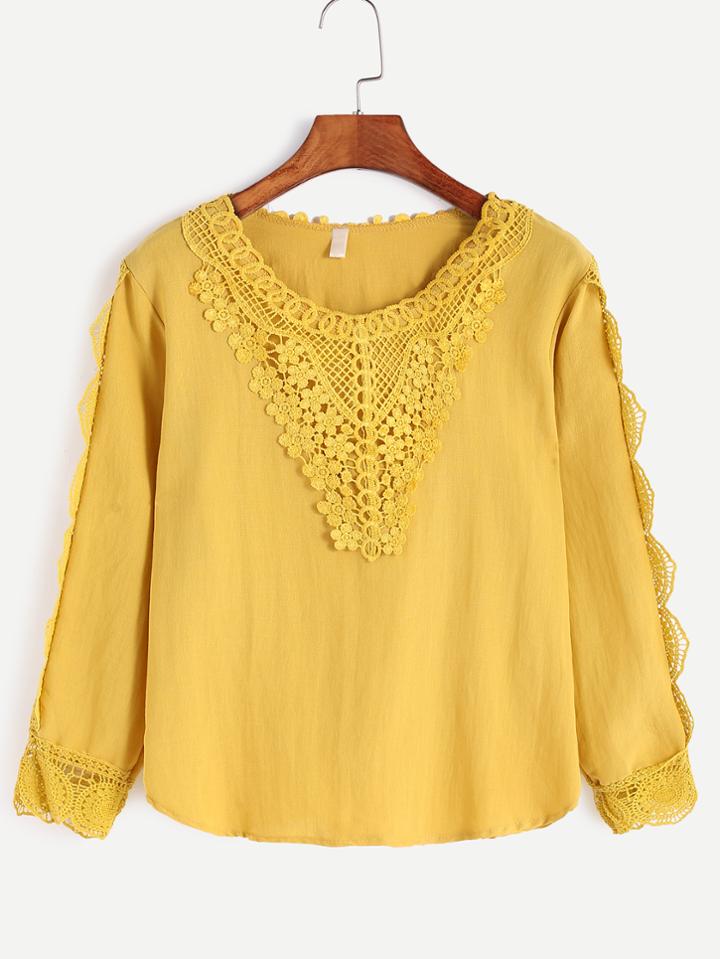 Shein Yellow Contrast Crochet Trim Blouse