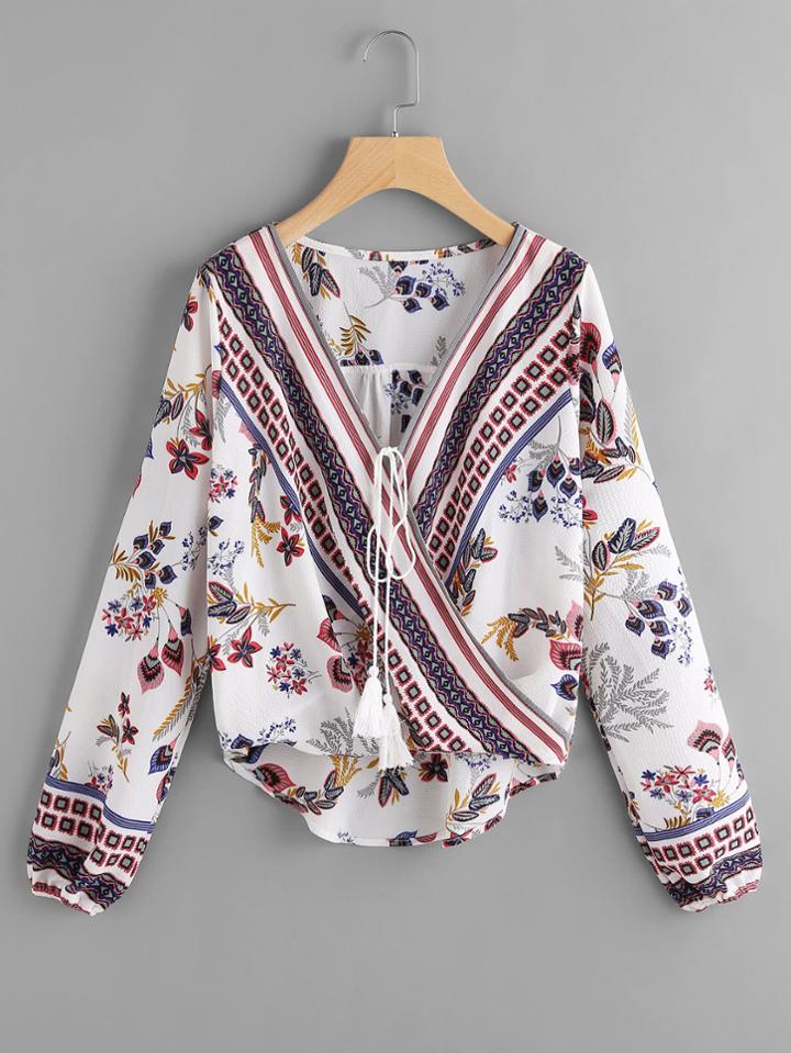 Shein Surplice Self-tie Dip Hem Floral Top