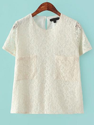 Shein Beige Short Sleeve Lace Pockets Blouse