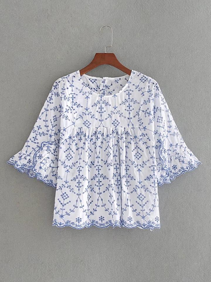 Shein Bell Sleeve Wave Trim Embroidery Smock Top