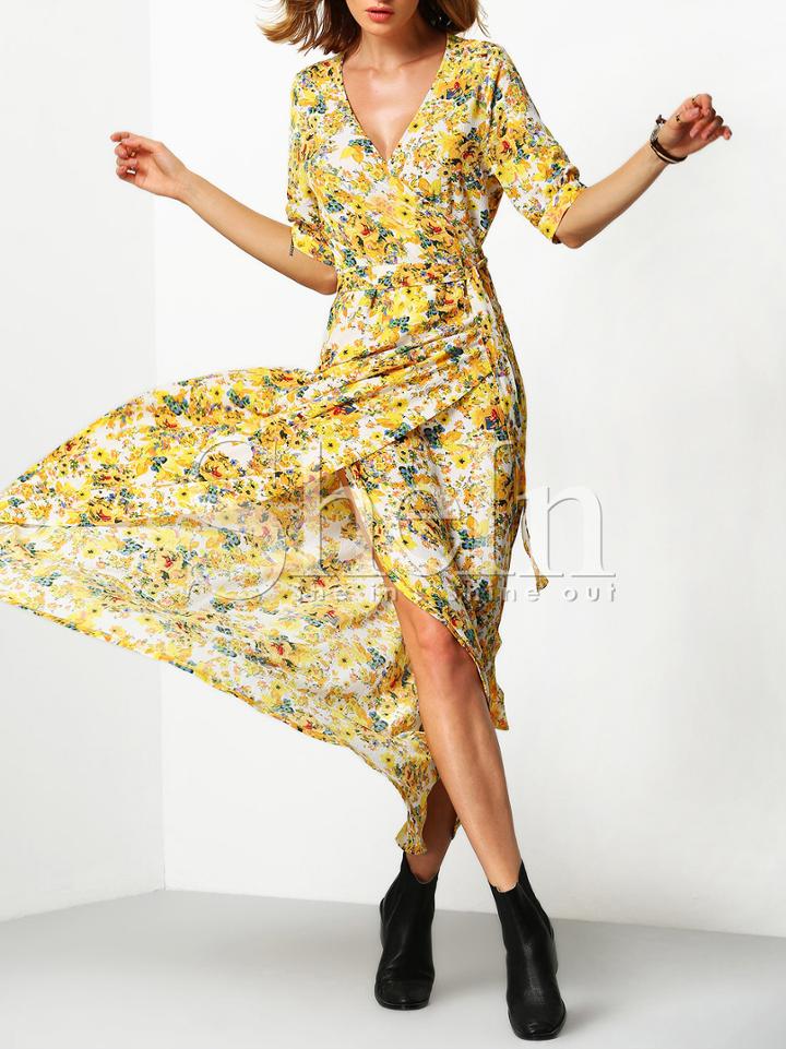 Shein Yellow Floral Wrap Front Obi Self Belt Ankle Length Dress