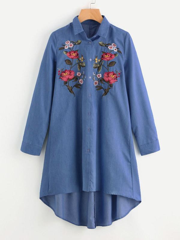 Shein Embroidered Patch Dip Hem Denim Shirt Dress