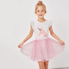 Shein Girls Cartoon Print Pleated Top & Mesh Pearl Skirt Set