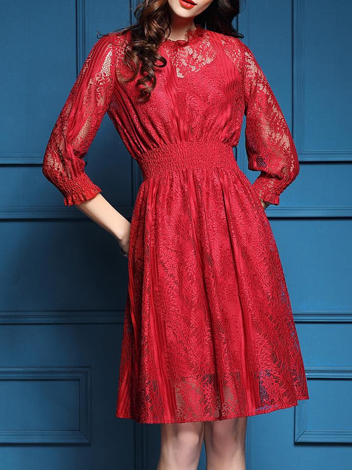 Shein Red Elastic-waist Mesh Lace Dress