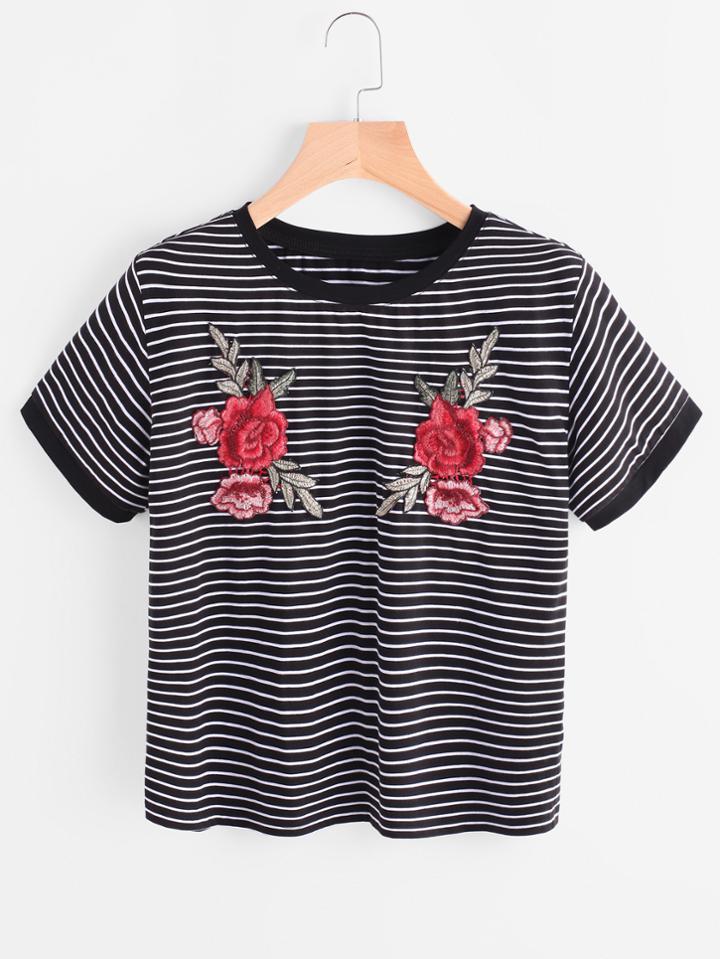 Shein Flower Applique Striped Ringer Tee