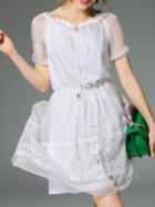 Shein White Tie Neck Drawstring Contrast Lace Dress