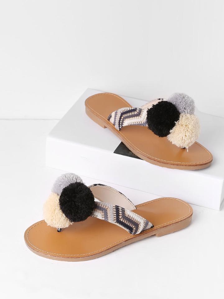 Shein Pom Pom Decorated Toe Post Flat Slides