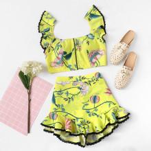 Shein Lace Trim Ruffle Floral Top & Shorts Co-ord