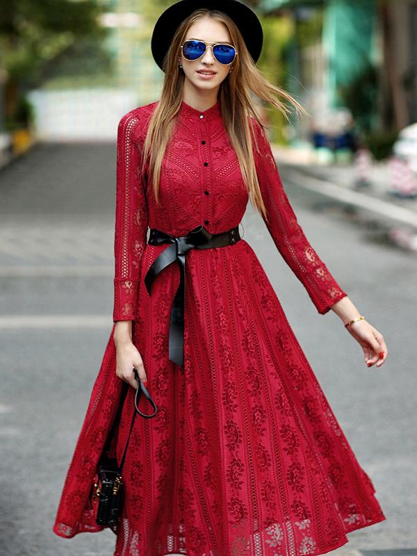 Shein Red Round Neck Long Sleeve Tie-waist Lace Dress