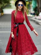 Shein Red Round Neck Long Sleeve Tie-waist Lace Dress