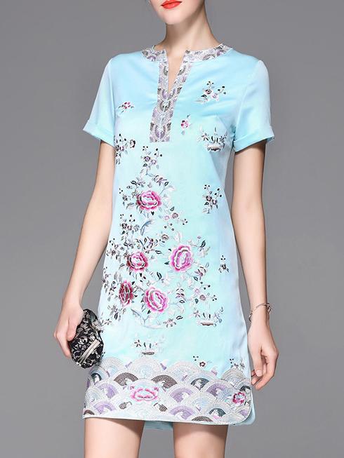 Shein Blue V Neck Flowers Embroidered Sheath Dress