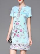 Shein Blue V Neck Flowers Embroidered Sheath Dress