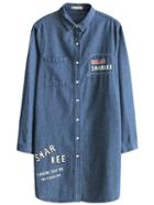 Shein Blue Letter Print Single Breasted Long Denim Coat